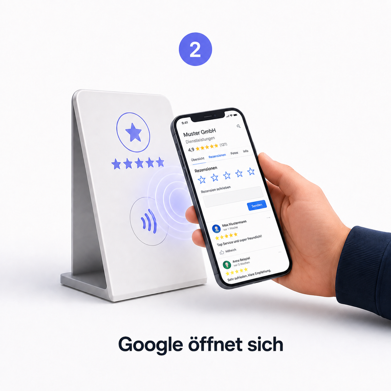Google-Bewertungsseite öffnet sich nach TAPVIO NFC-Berührung