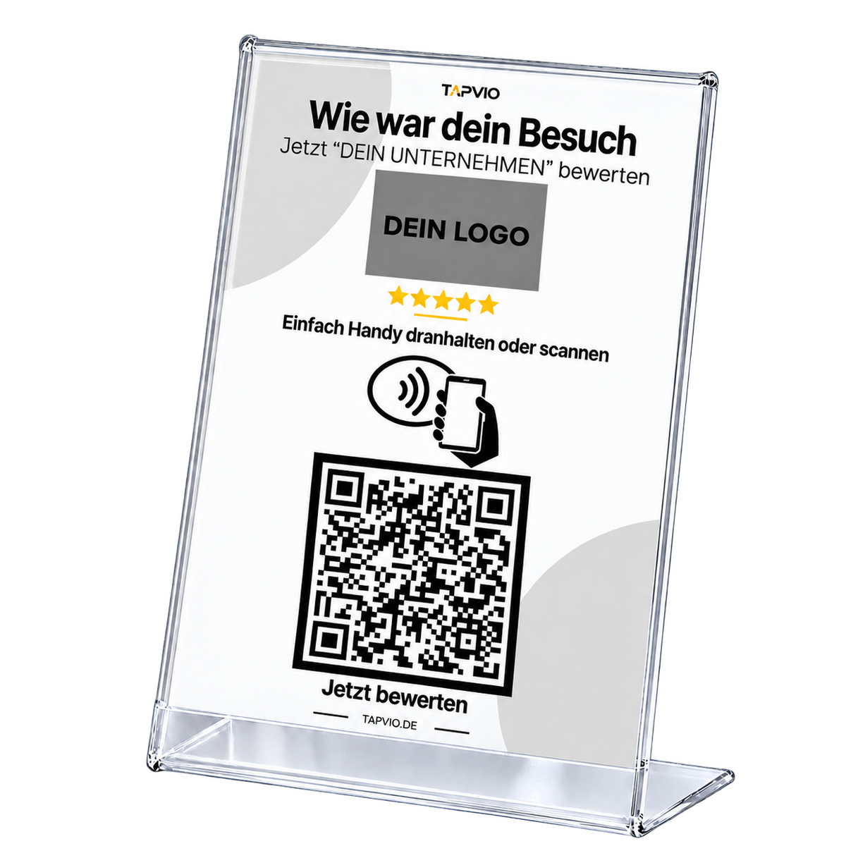 Personalisierter TAPVIO Bewertungsaufsteller mit Firmenlogo und QR-Code