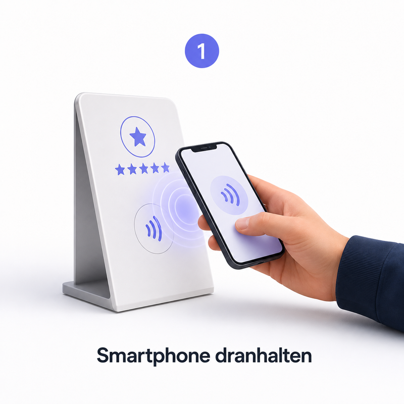 Smartphone wird an TAPVIO NFC-Bewertungsaufsteller gehalten