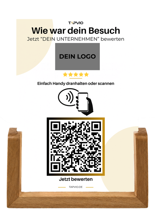 TAPVIO Bewertungsaufsteller aus Holz mit personalisiertem NFC- und QR-Code-Inlay