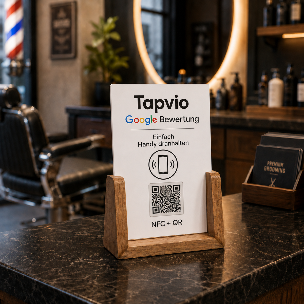 TAPVIO Bewertungsaufsteller mit NFC und QR-Code auf dunklem Tisch